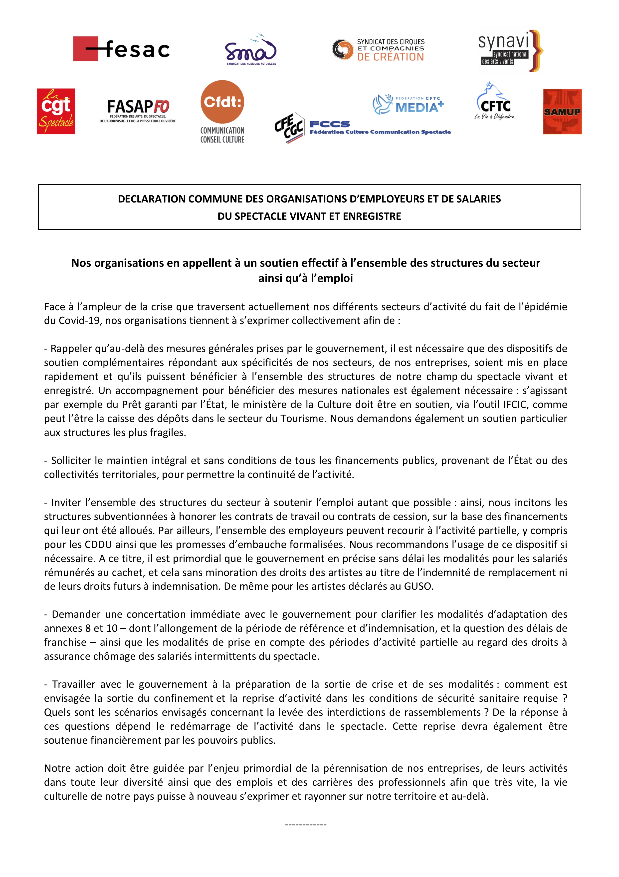 DECLARATION COMMUNE DES ORGANISATIONS D’EMPLOYEURS ET DE SALARIES DU SPECTACLE ENREGISTRE ET VIVANT DECLARATION COMMUNE DES ORGANISATIONS D’EMPLOYEURS ET DE SALARIES DU SPECTACLE ENREGISTRE ET VIVANT