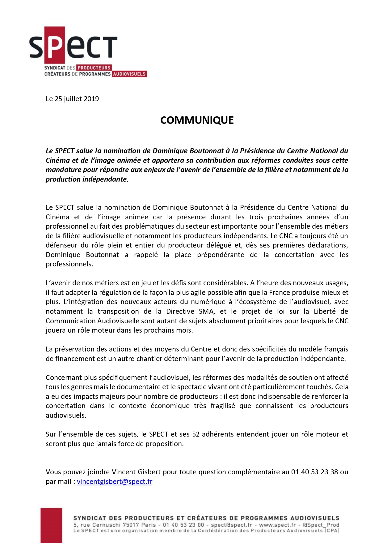 Communiqué Nomination Dominique Boutonnat